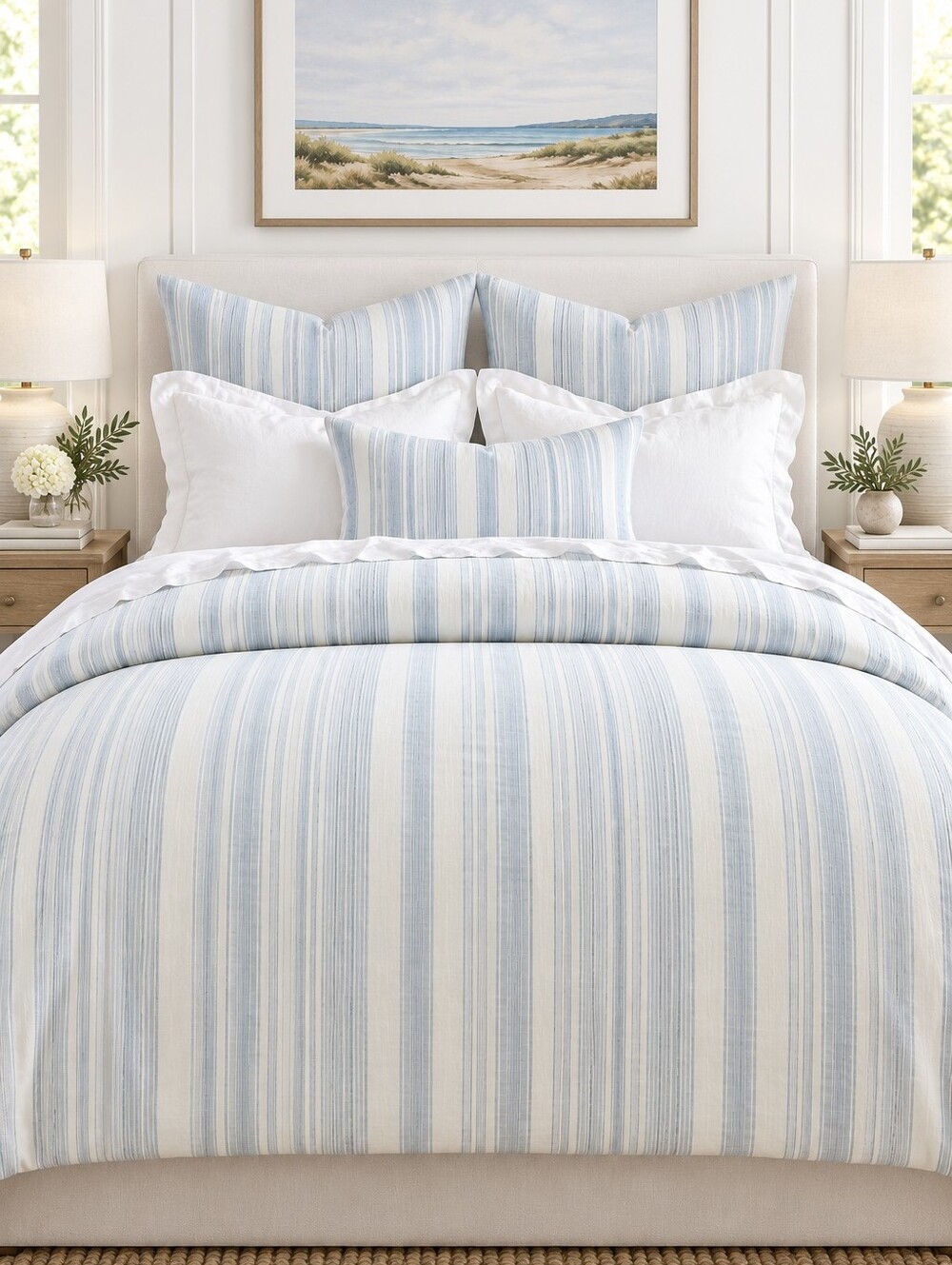 Pottery Barn Hawthorn Stripe King/Cal King Duvet Cover + 2 Euro Shams Blue